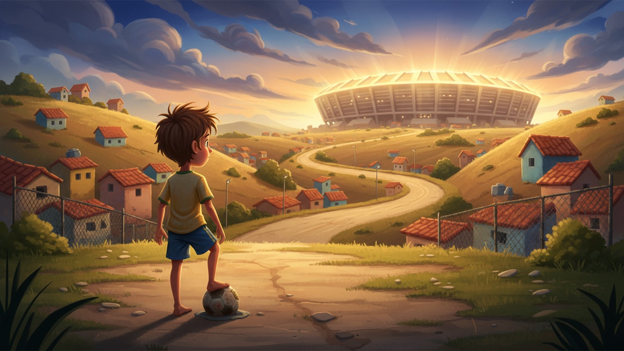 A boy with a ball on a dirt road winding toward a glowing stadium on the horizon — the modo carreira ahead