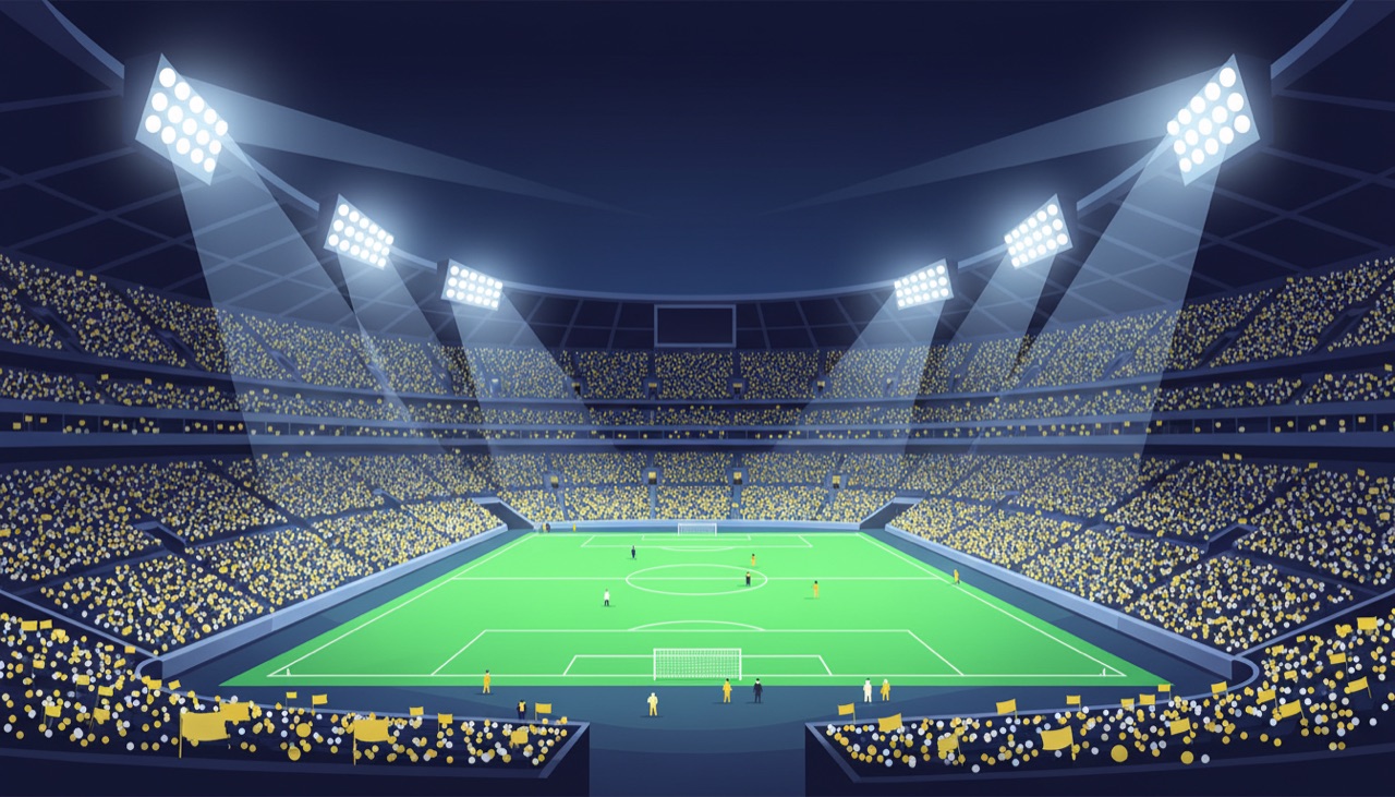 Stadium under floodlights with yellow flags